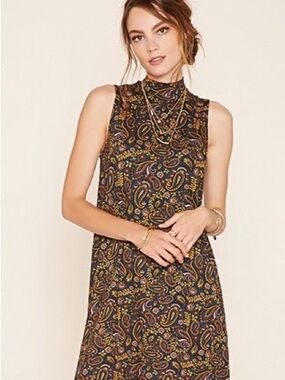 Forever 21 Black Multi Paisley Mock Neck Mini Dress